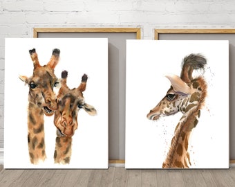 Set Of 2 Giraffe Prints, Safari Animal Watercolor Painting Of African Animal, Nursery Canvas Wall Decor