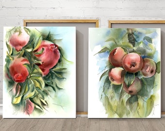 Plants Art Set Of 2 Prints, Watercolor Apple, Pomegranate Painting, Fruits Branch Canvas Living Room Wall Decor