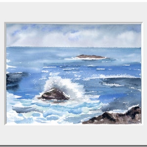 Watercolor Seascape Original Painting, Waves Ocean Art, Sketch of a Rocky Sea Coast, 9x12 Inches Artwork, Marine Artwork, Coastal Wall Art
