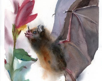 Originele aquarel vleermuis en bloem: Nectar's Call Animal Art