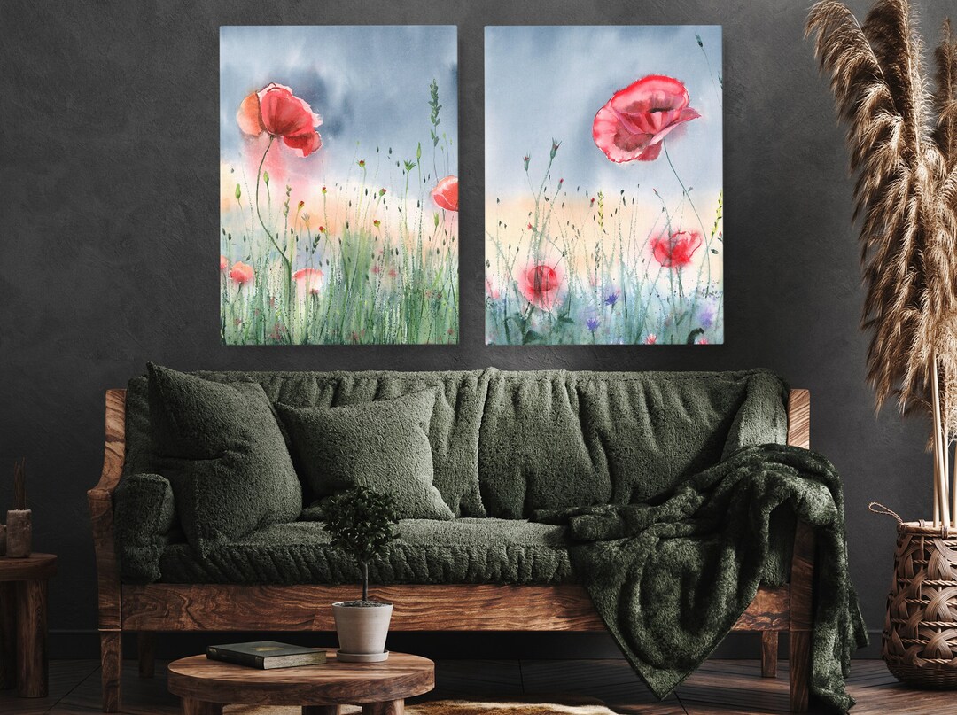Poppies Landscape Set of 2 Canvas Wall Art Prints, Watercolor Painting