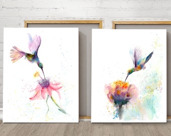 Hummingbird Set Of 2 Prints, Watercolor Paintings, Nature Vibrant Wall Art, Birds And Flowers Canvas Decor