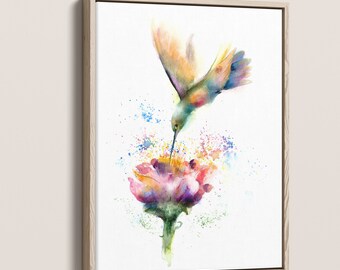 Hummingbird and Flower Print, Flying Bird Watercolor, Tropical Painting, Botanical Wall Art Decor