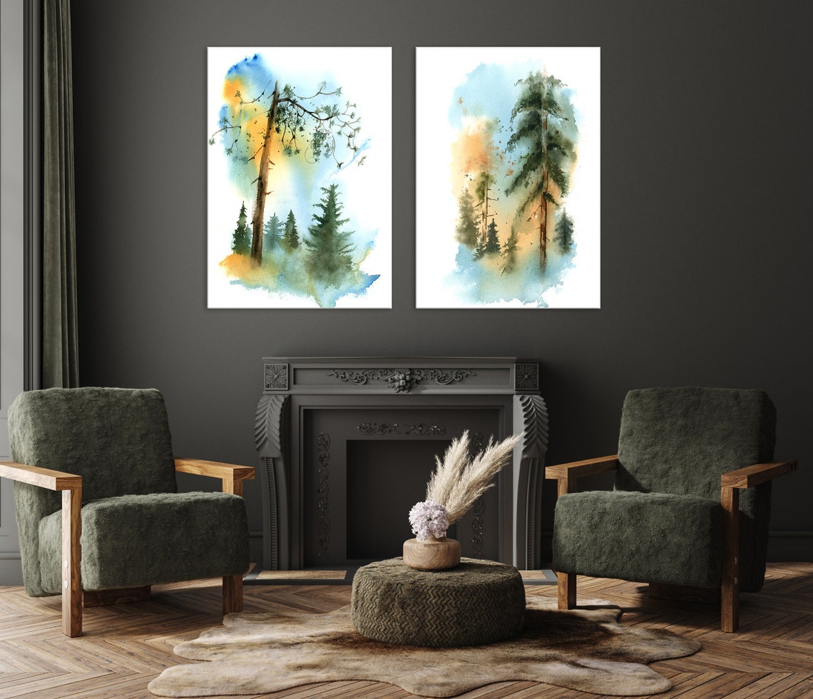 Forest Canvas Prints Set of 2 Pine Tree Landscape Wall Decor Etsy