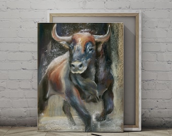 Bull Animal Art Print, Dark Hue Wall Art Decor, Wild Animal On Canvas Ready To Hang, Running Bull Pastel Painting