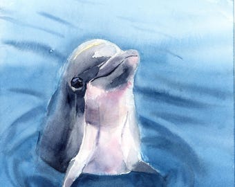 オリジナル水彩画イルカの絵画、リアルな野生動物のアートワーク