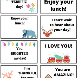 Printable Christmas Lunch Notes, Winter Lunch box notes, Lunch Box Cards, Printable School Lunchbox Jokes