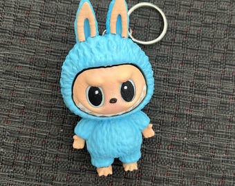Baby Blue Labubu inspired keychain l Cute hand painted Labubu keychain