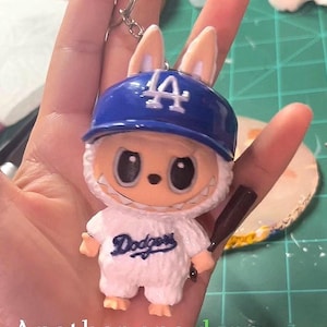 LA Dodger Labubu inspired keychain l Hand painted LA Dodger theme holding a mini baseball bat.