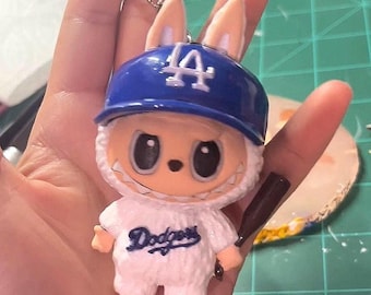 LA Dodger Labubu inspired keychain l Hand painted LA Dodger theme holding a mini baseball bat.