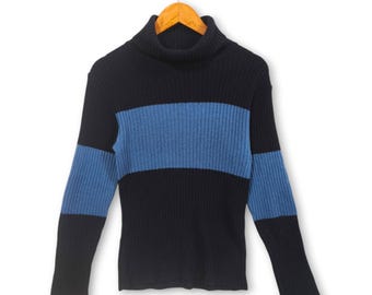 Vintage Katharine Hamnett London Ribbed Turtleneck Sweater | Archival 90s Designer Striped Knit Jumper | Navy Blue & Cerulean Stripe