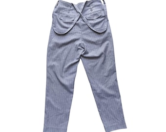 Pinstripe Trousers with Criss-Cross Back Straps - Dark Academia Aesthetic Grey Striped Pants - High Waisted Suspender Trousers