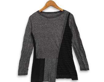 Intellection Japan Avant-Garde Asymmetrical Patchwork Knit Sweater | Gray & Black Mixed Texture Tunic Top