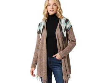 Boho Aztec Southwestern Knit Navajo Cardigan Sweater Fringe Open Front Western Tribal Duster Coat Women's Geometric Fall Winter Long