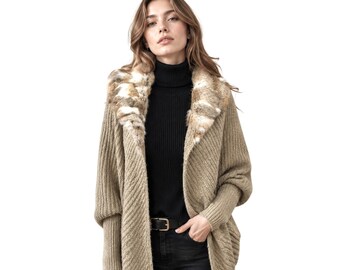 Faux Fur Collar Knit Cardigan, Chunky Beige Cocoon Sweater, Cozy Slouchy Batwing Sleeve Coat, Autumn Winter Warm Wrap Jacket, Boho Cottageco