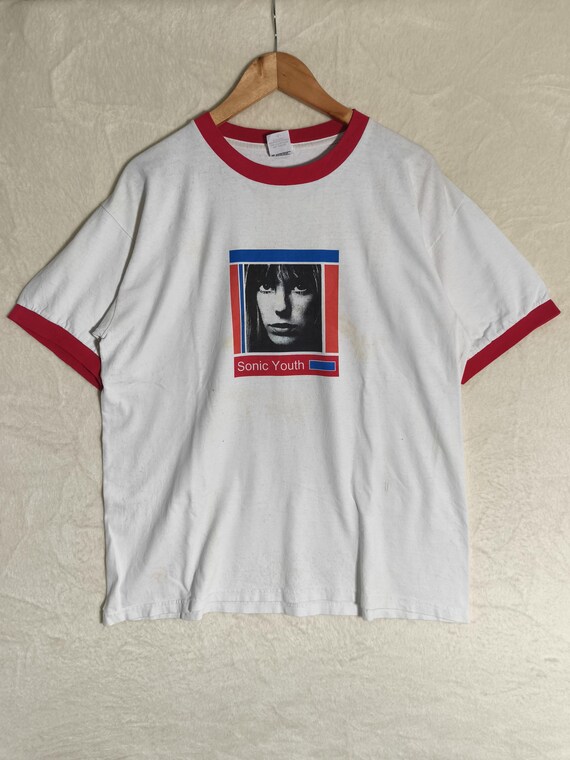 Vintage Sonic Youth Jane Birkin Ringer T-shirt White Red 1996 Band