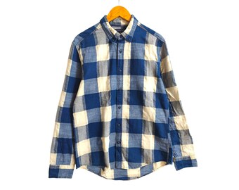 Tommy Hilfiger Plaid Flannel Shirt | Blue & White Checkered Button Down Retro Grunge Streetwear