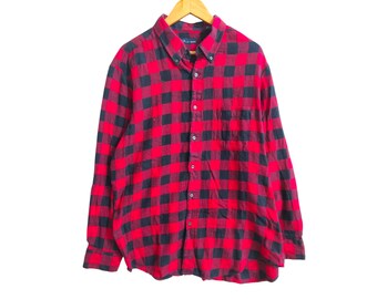 John Ashford Red & Black Buffalo Plaid Flannel Shirt Long Sleeve Cotton Button Down Grunge Lumberjack Style