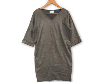 Gout Commun Gray Faux Suede Tunic Dress - Japanese Brand Oversized V-Neck Shift Dress - Minimalist Midi Dress for Women - Chic Everyday Wear