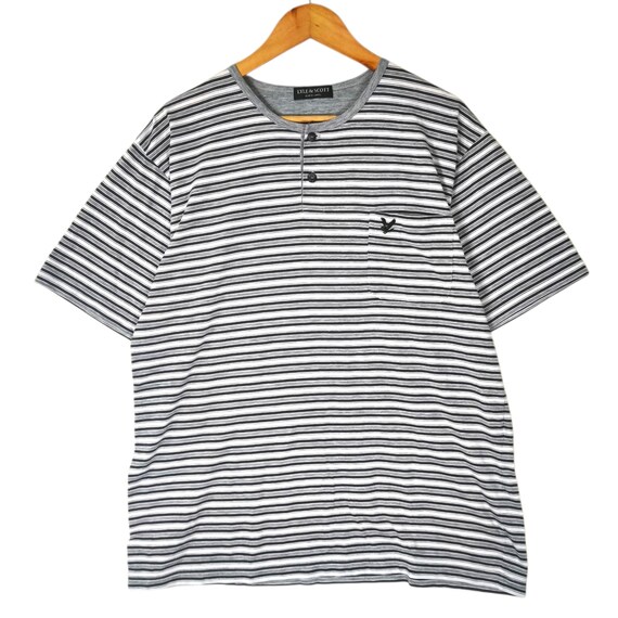 Lyle & Scott, Vintage Lyle and Scott Black Label Henley Shirt | Men's Gray Striped Pocket T-Shirt Retro Casual Eagle Logo Tee Indie Streetwear