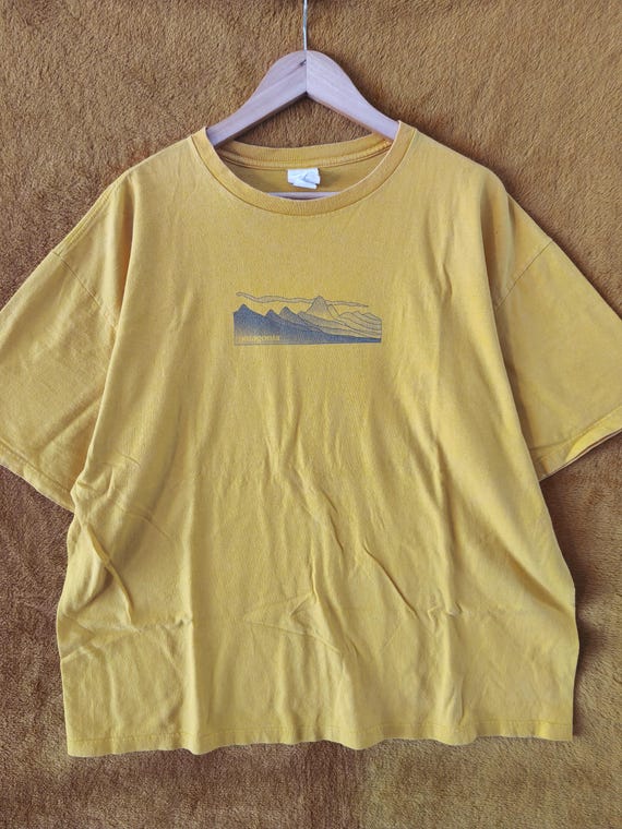 Patagonia, Vintage OG Patagonia Mustard Yellow Graphic T-Shirt | Minimalist Mountain Range Landscape | Organic Cotton Outdoor Adventure Hiking Tee