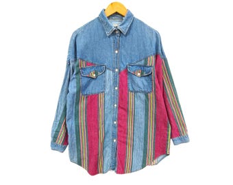 Vintage Blues Denim Chambray Brushpopper Western Striped Denim Shirt  Southwestern Rodeo Style Boho Aztec Unisex