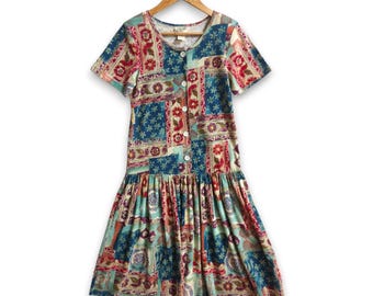 Vintage Shannon Marie Floral Patchwork Dress | 90s Button Front Rayon Midi | Boho Cottagecore Drop Waist Summer Dress