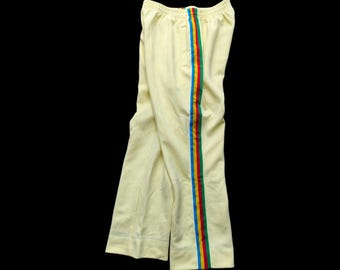 Vintage Retro Rainbow Stripe Joggers - Aesthetic Pastel Yellow Sweatpants - Y2K Style Wide Leg Lounge Pants - Festival & Streetwear