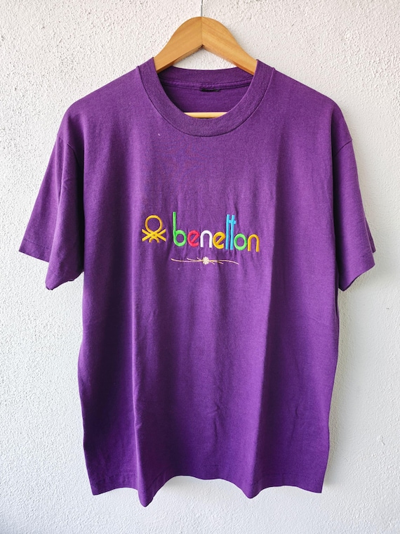 Benetton, Vintage 90s United Colors of Benetton Tee | Embroidered Spell Out Logo T-Shirt | Retro Purple 1990s Streetwear