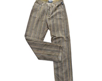 Vintage Versace Jeans Couture Striped Trousers | 90s Multi-Color Vertical Stripe Denim | High Waist Straight Leg Pants Earth Tone Aesthetic