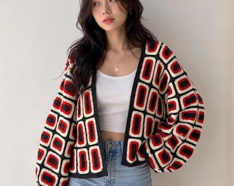 Handmade Crochet Geometric Cardigan | Chunky Knit Granny Square Jacket | Retro Black and Red Mosaic Patchwork Sweater | Oversized Aesthetic