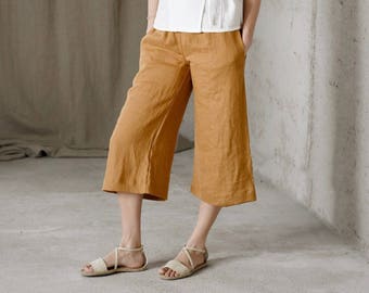 Women's linen wide 3/4 leg pants / linen trousers / linen culottes