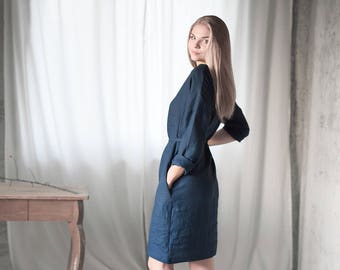 Women's Basic linen long sleeves dress with belt