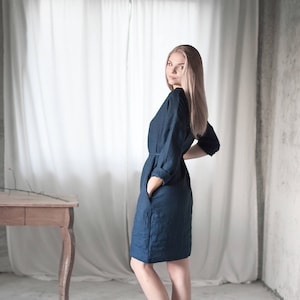 Women  Basic linen long sleeves dress with belt