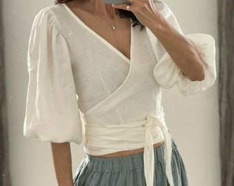 Women's linen wrap blouse LARITA, washed linen wrap shirt, 100% washed linen