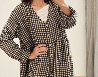 Women's linen buttons oversized dress V-neck long sleeve