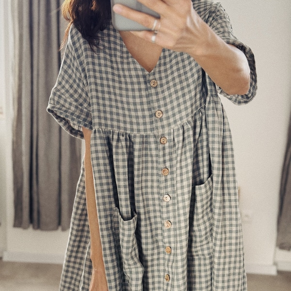 Robe oversize en lin pour femmes à col en V et manches courtes