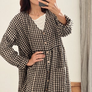 Women's linen buttons oversized dress V-neck long sleeve