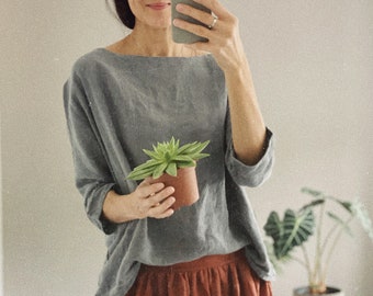 Women's oversized linen top 3/4 sleeve