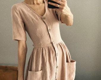 Women linen buttons dress LUISA short sleeve