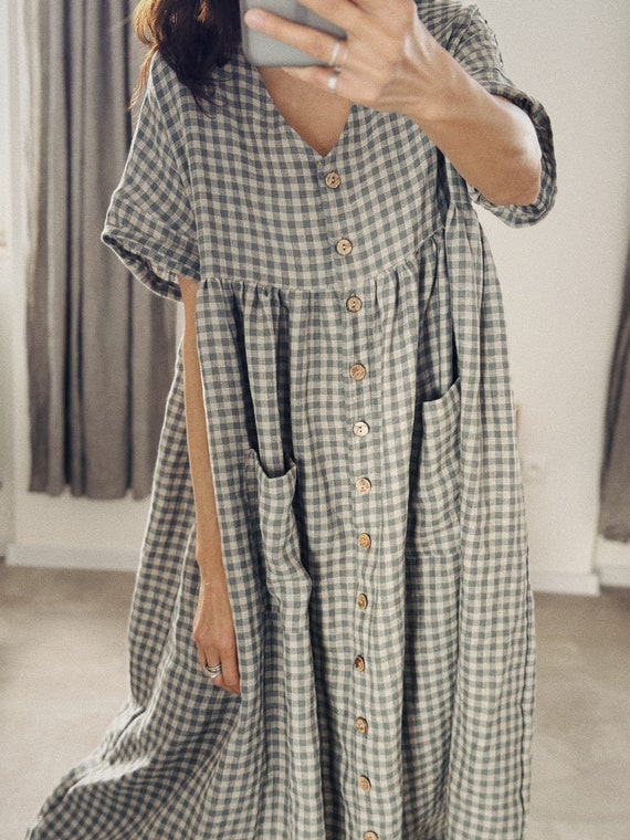 Women linen buttons oversized dress V-neck short sleeve