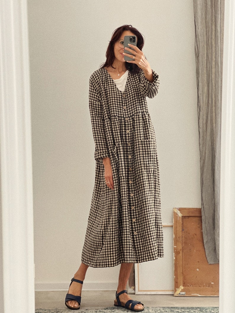 Women's linen buttons oversized dress V-neck long sleeve image 4