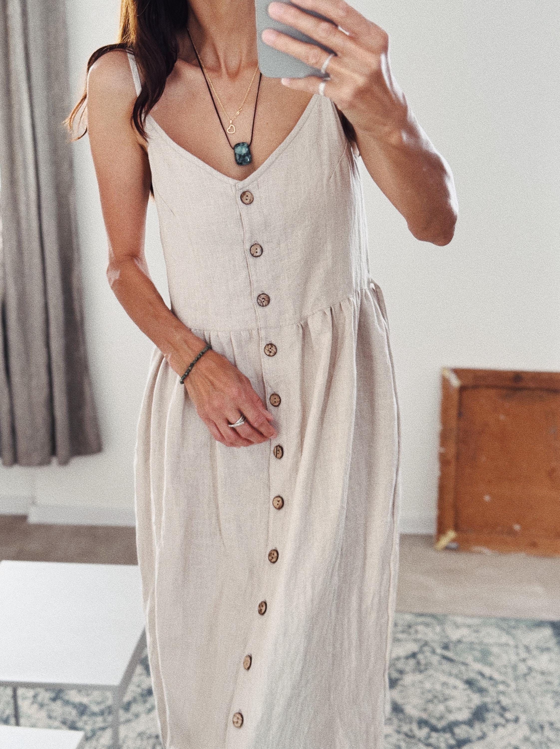 east linen dress White Linen Maxi Dress with Belt