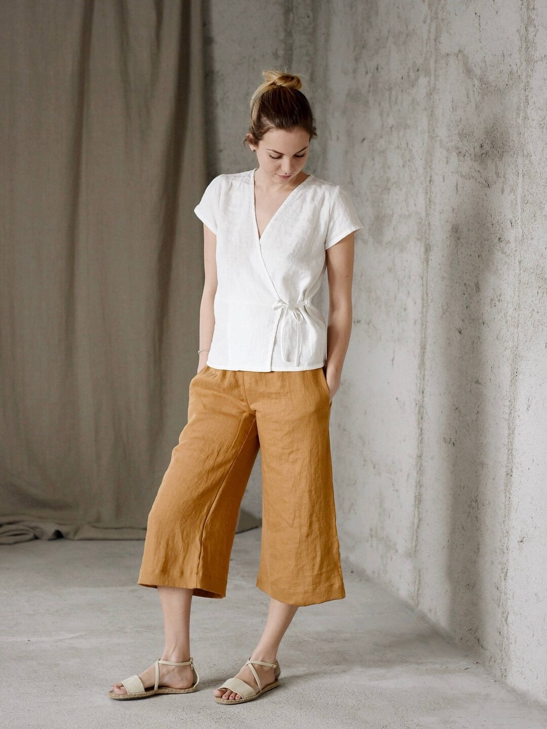 Bottom Shorts Wide Leg Pants Linen Pants Women High Waist 3/4 Length Solid