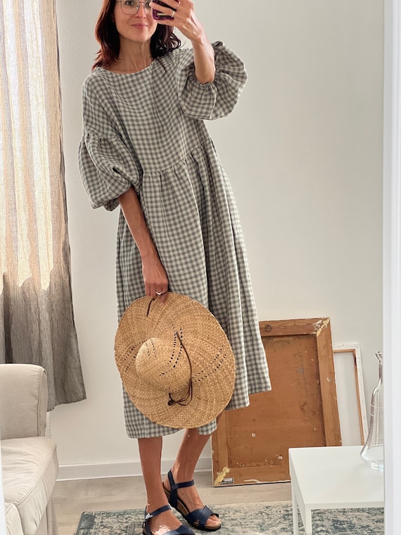 slim fit dress slacks Flared Black & White Check Linen Dress L