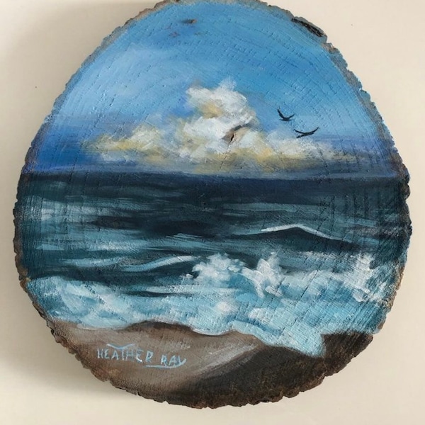 Seascape on Wood Slice // Seascape Painting // Wood Slice Painting