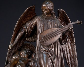 Archangel Guardian Bronze Sculpture | French 1800s Antique Winged Angel Artwork Statue | 15.4" / 39 cm Large