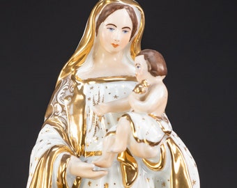 Virgin Mary with Infant Jesus Statue | Antique Vieux Paris Porcelain Madonna with Baby Christ Figure | 13.8"/ 35 cm Large