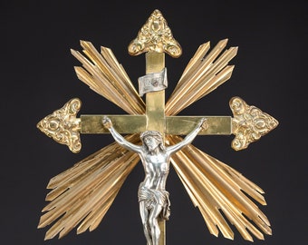 Crucifix Altar | Standing Cross | 1800s Antique Jesus Christ | 19th Century Crucifixion Copper Brass Corpus Christi | 24" / 61 cm Large