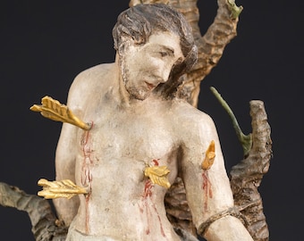 Saint Sebastian Wooden Sculpture from the 18th Century | 1700s Antique Healer and Martyr Wood Carving Statue | 13.6” / 34.5 cm Large